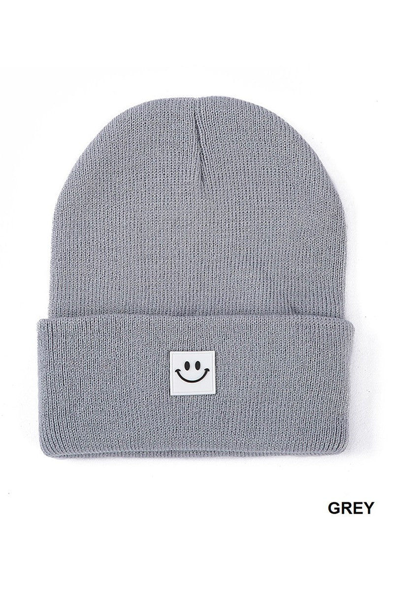 All Smiles Smiley Face Patch Beanie in Grey