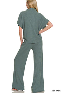 One of Them Girls Mock Neck Sweater Top & Pants Set in Ash Jade