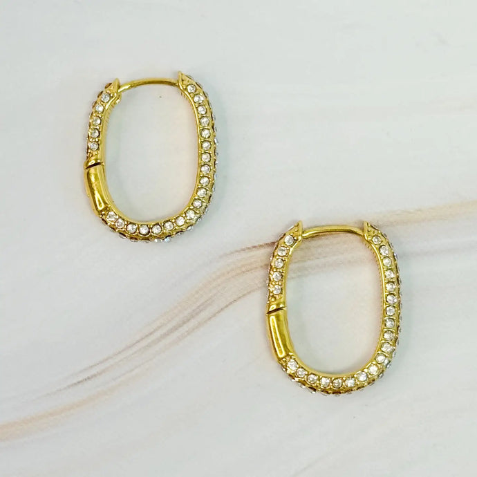 Pure Elegance Oval Pave Gold Hoop Earrings