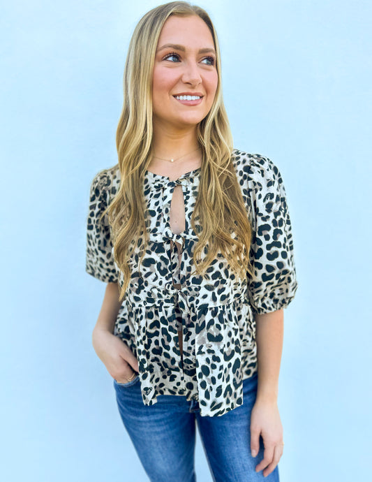 Open Up Your Heart Leopard Puff Sleeve Top