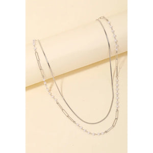 Double Chain Bead Layered Necklace Silver