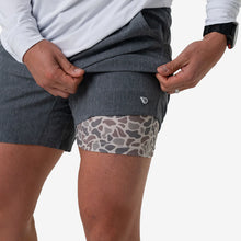 Load image into Gallery viewer, Burlebo 7" Athletic Shorts in Grizzly Grey with Classic Deer Camo Liner
