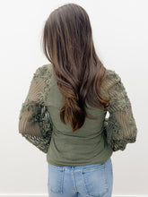 Load image into Gallery viewer, Yesterday Rib Knit Top with Lace Balloon Sleeves in Lt. Olive