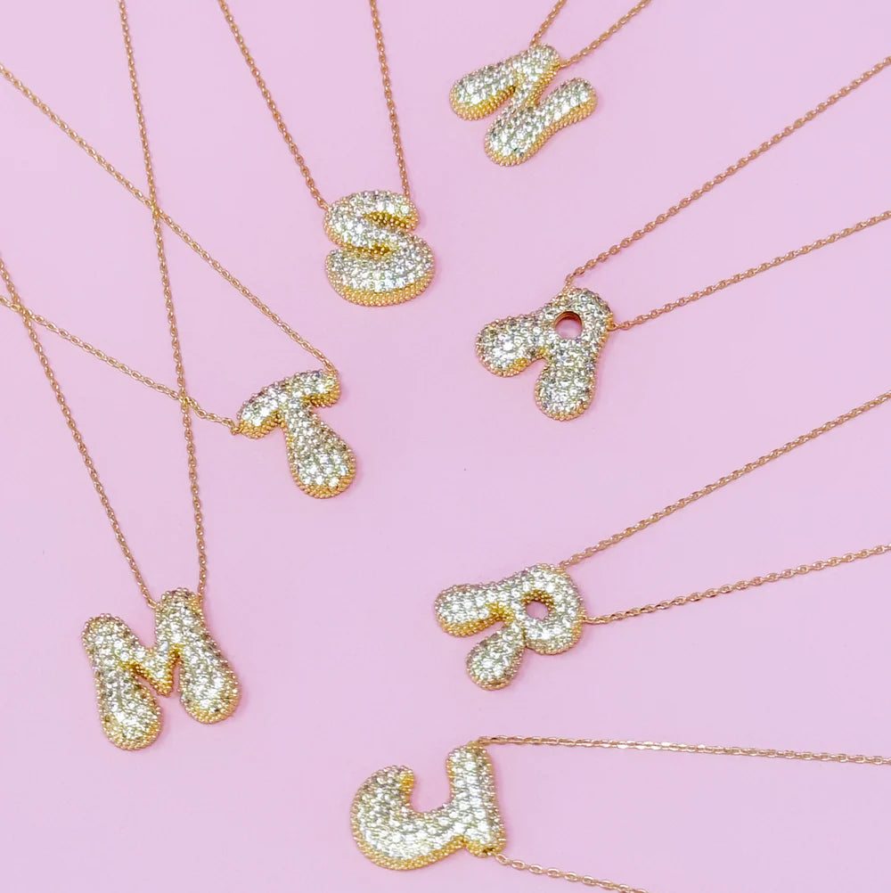 Crystal Bubble Letter Gold Initial Necklace