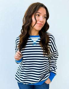 Looking Like an Angel Striped Oversized Sweatshirt in Navy