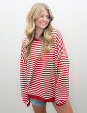 Load image into Gallery viewer, Be Mine Button Henley Stripe LS Sweater in Red