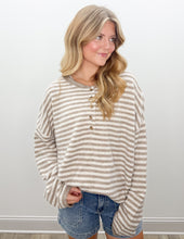 Load image into Gallery viewer, Be Mine Button Henley Stripe LS Sweater in Mocha