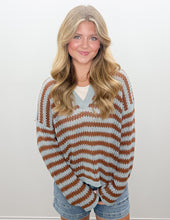 Load image into Gallery viewer, Trying To Find Stripe Split Neck Sheer Knit Sweater in Lt Blue