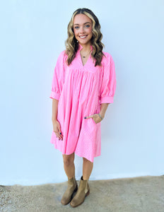 Main Attraction 3/4 Puff Sleeve Dress in Neon Pink