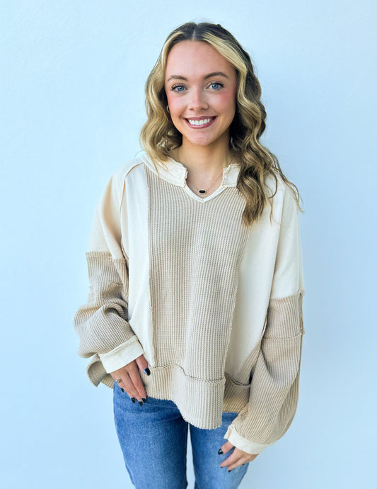 Steady Heart Long Sleeve Knit Top in Beige Multi