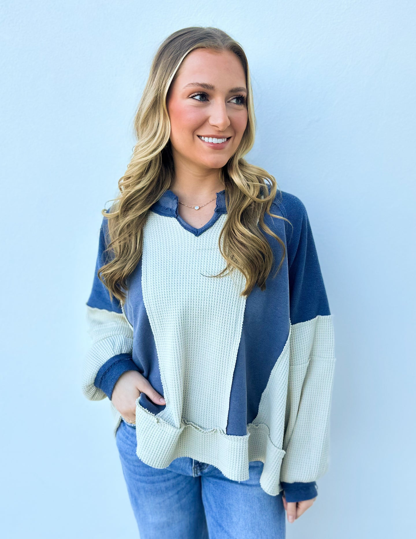 Steady Heart Long Sleeve Knit Top in Navy Multi