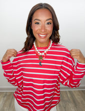 Load image into Gallery viewer, Take A Ride Striped Terry Loose Fit Lounge Sweatshirt in Tomato/Baby Blue