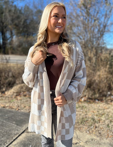 Checkerboard Loose Fit Cardigan Latte