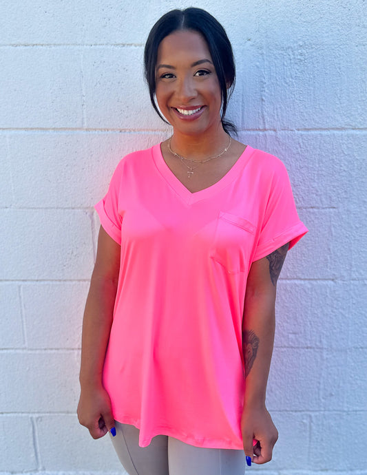 Less of You V-Neck Top Neon Pink