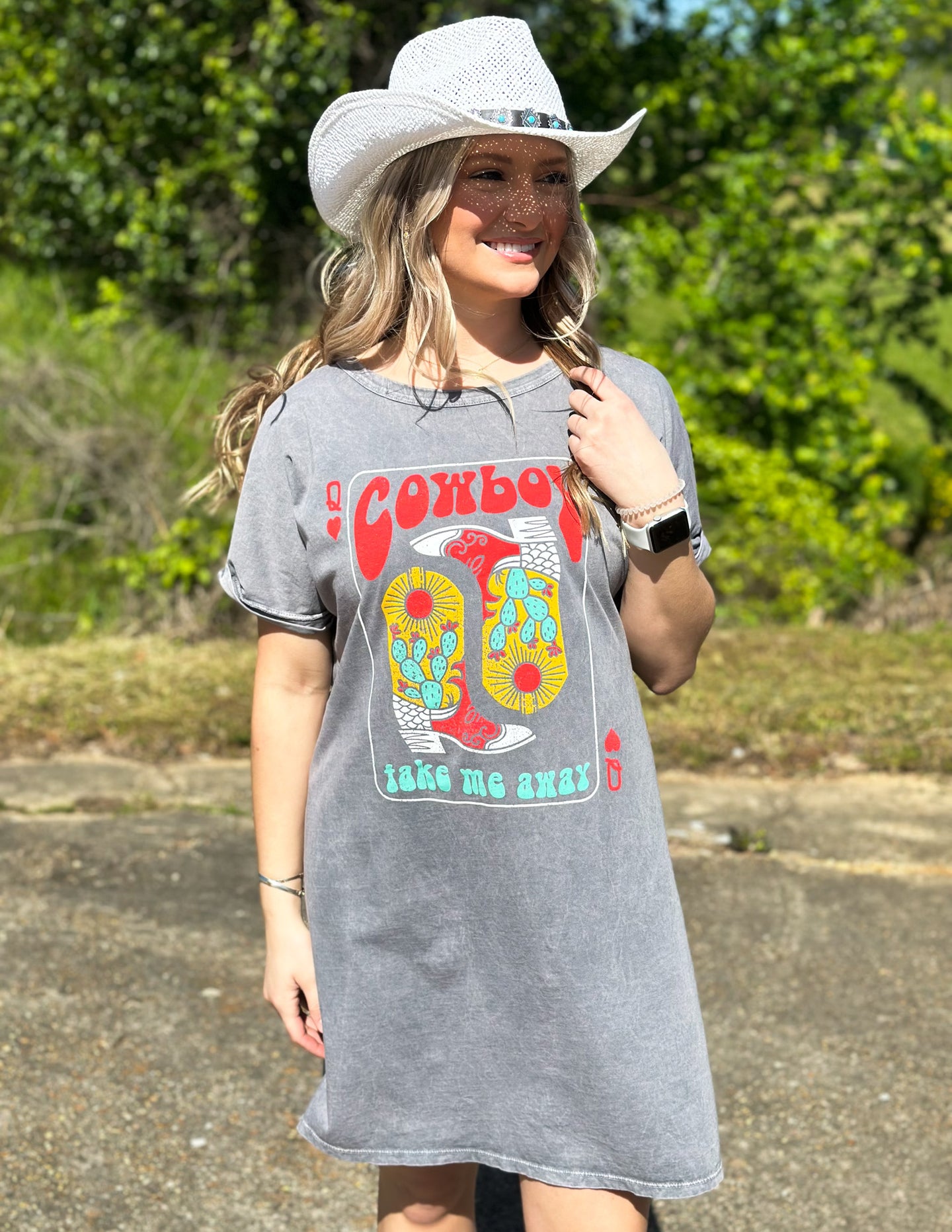 Cowboy Take Me Away Graphic Shirt Dress Mineral Grey