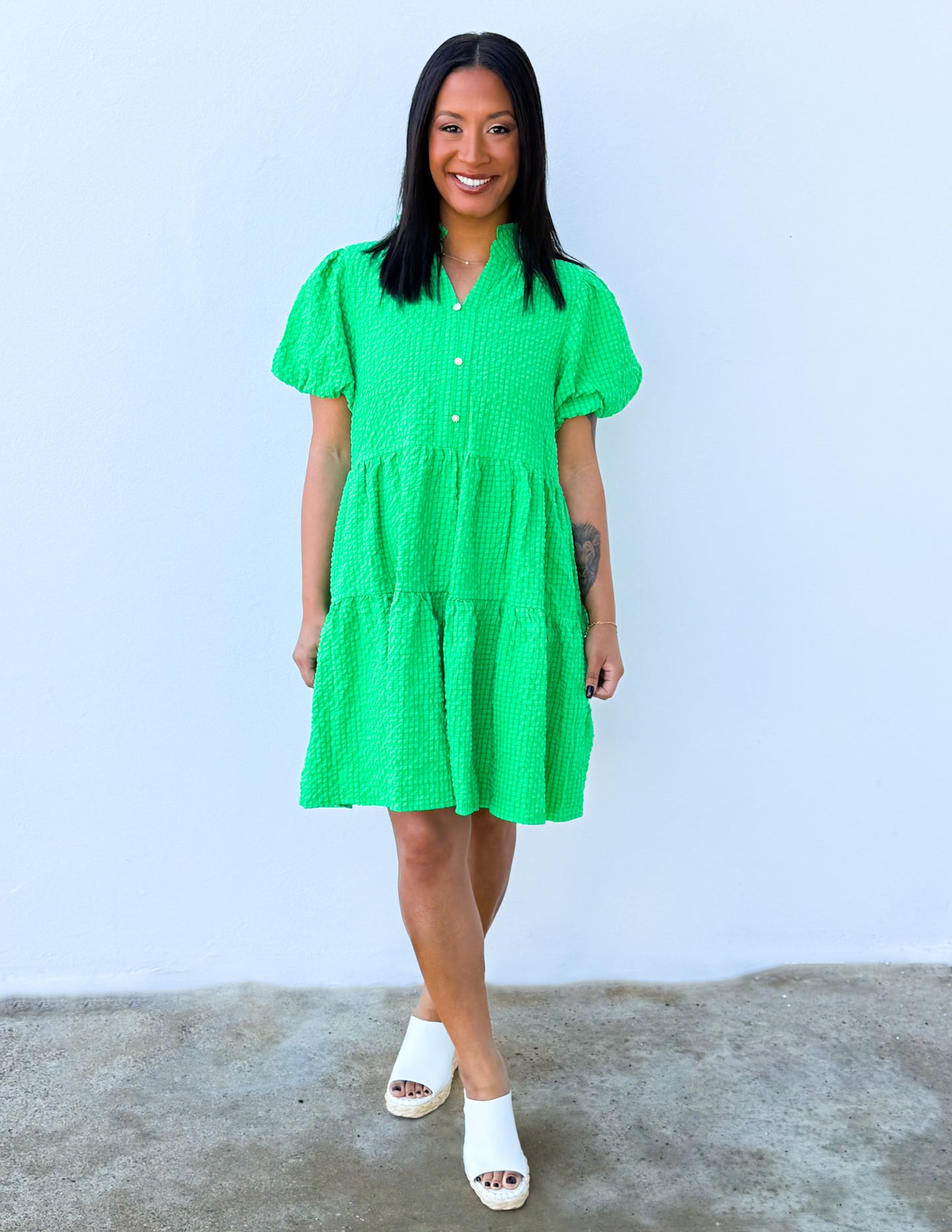 Give Me Spring Seersucker Puff Sleeve Mini Dress in Green