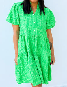 Give Me Spring Seersucker Puff Sleeve Mini Dress in Green