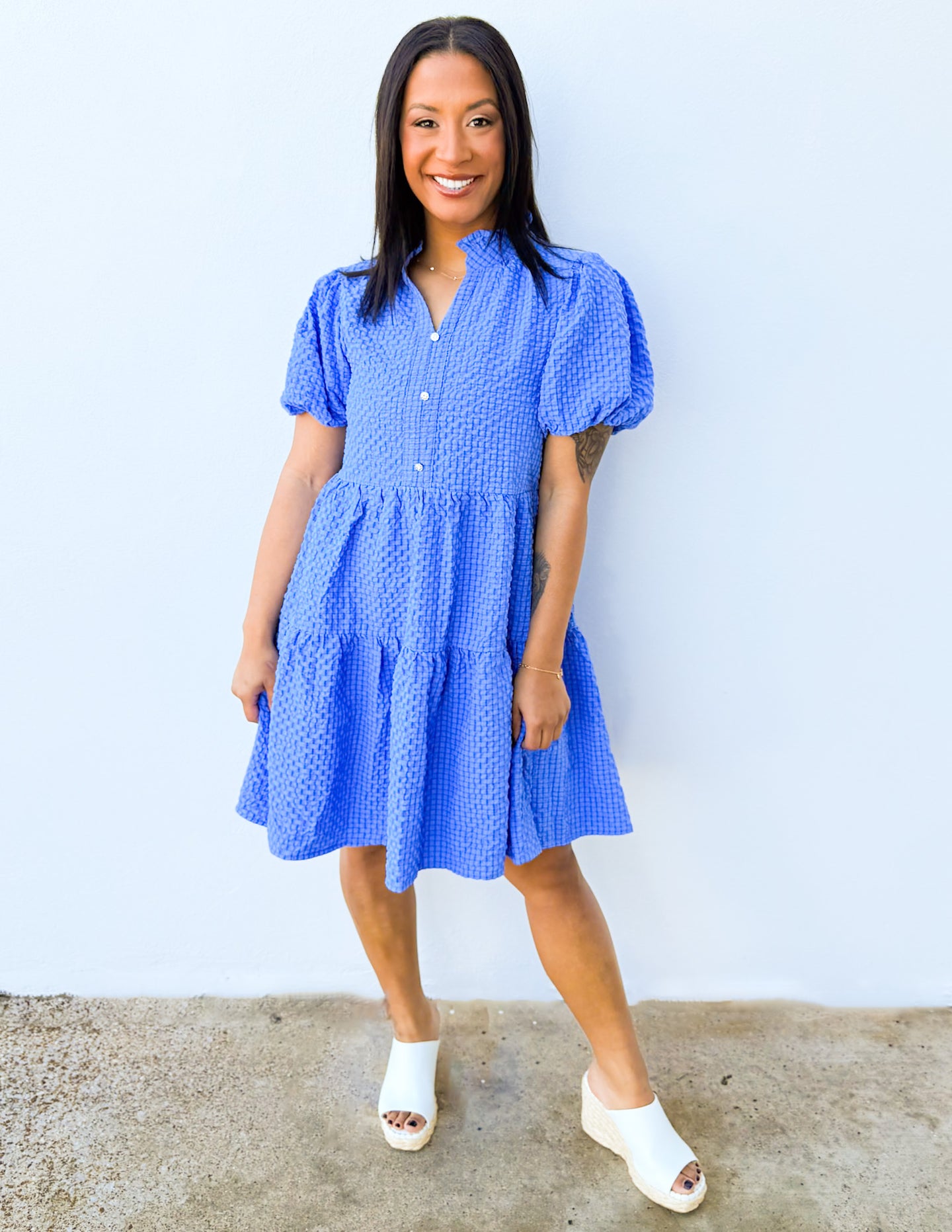 Give Me Spring Seersucker Puff Sleeve Mini Dress in Blue