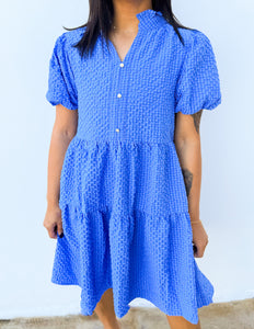 Give Me Spring Seersucker Puff Sleeve Mini Dress in Blue