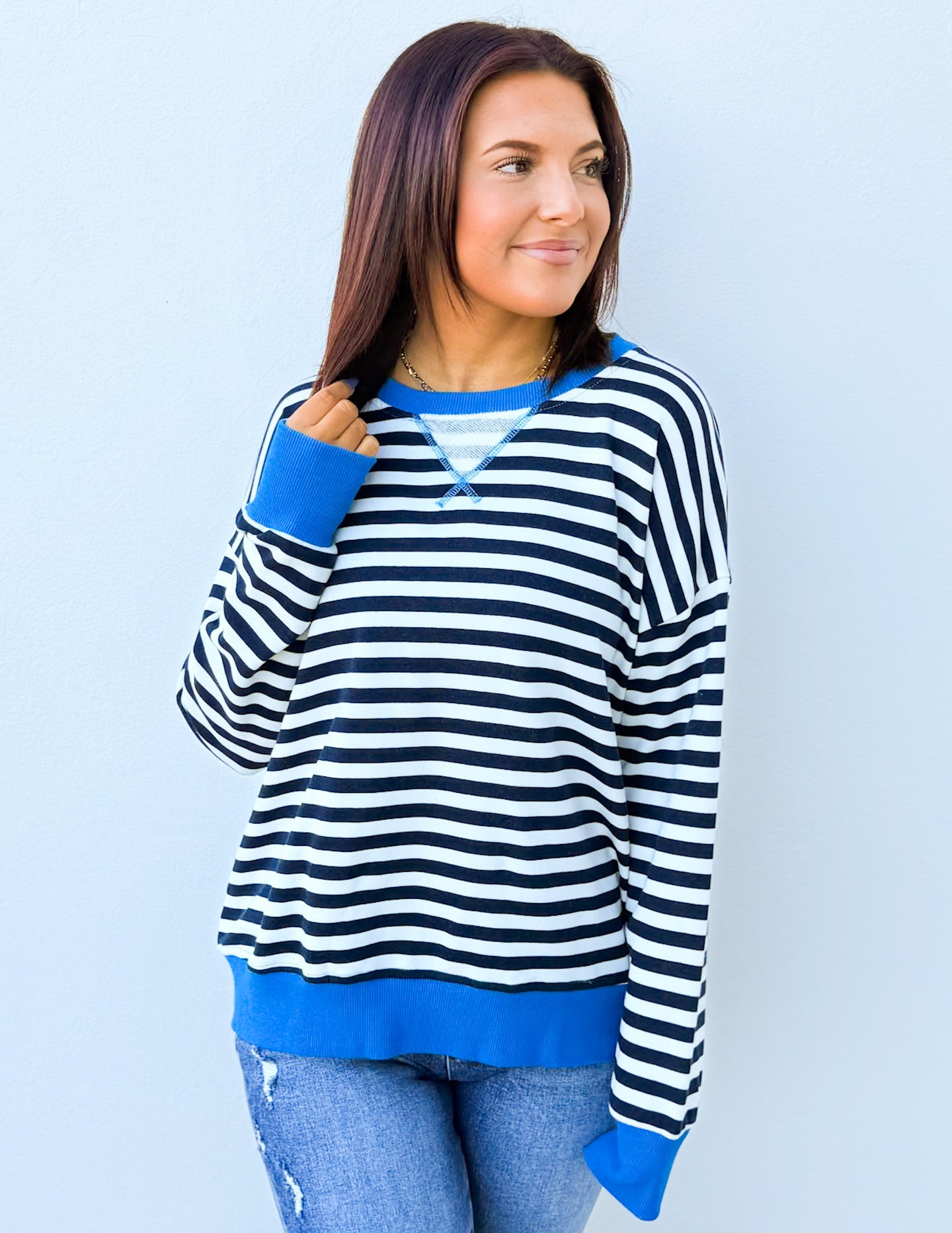 Looking Like an Angel Striped Oversized Sweatshirt in Navy