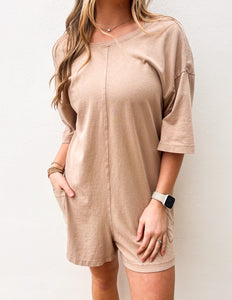 Never Leave Casual V-Back Short Sleeve Romper in Dk. Taupe