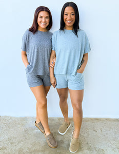 Love Me When I'm Gone Melange Short Sleeve Top & Shorts Set in Ash Jade