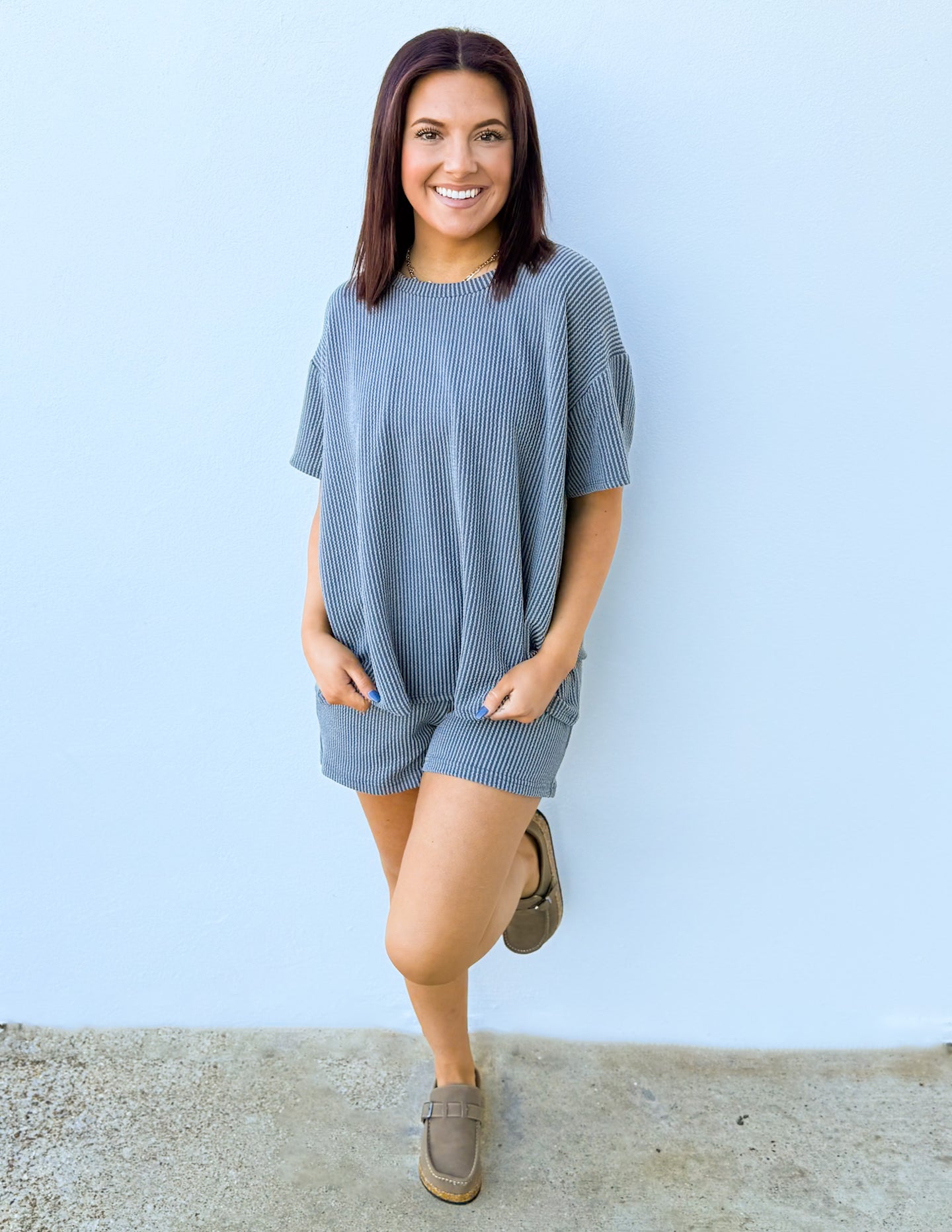 None Like You Short Sleeve Top & Shorts Set in Grey