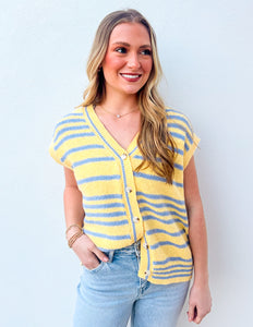 Spring Days Stripped Button-Up Sweater Top in Lemon/Blue