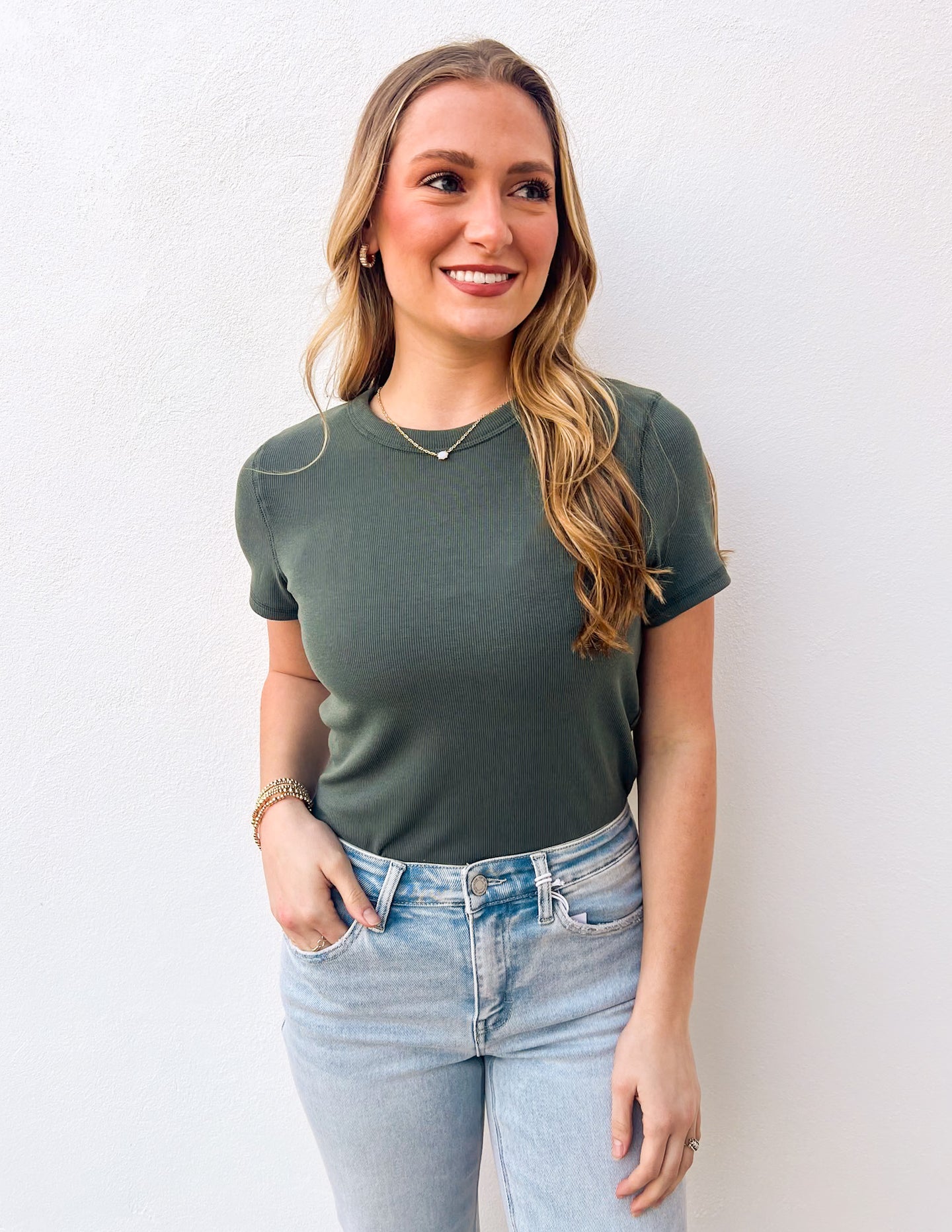 Just Your Basic Ribbed Knit T-Shirt in T. Green