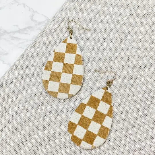 Beige Checkered Oval Dangle Earrings