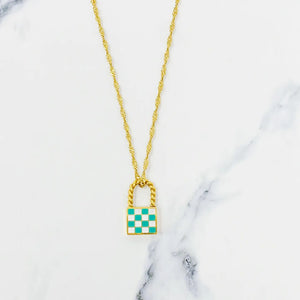 Checkered Gold Locket Necklace