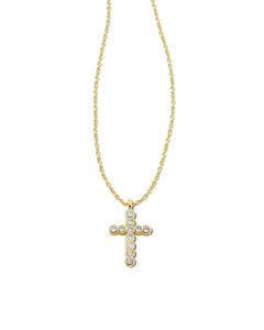 Kendra Scott Boxed Gold Cross Pendant Necklace in White Crystal